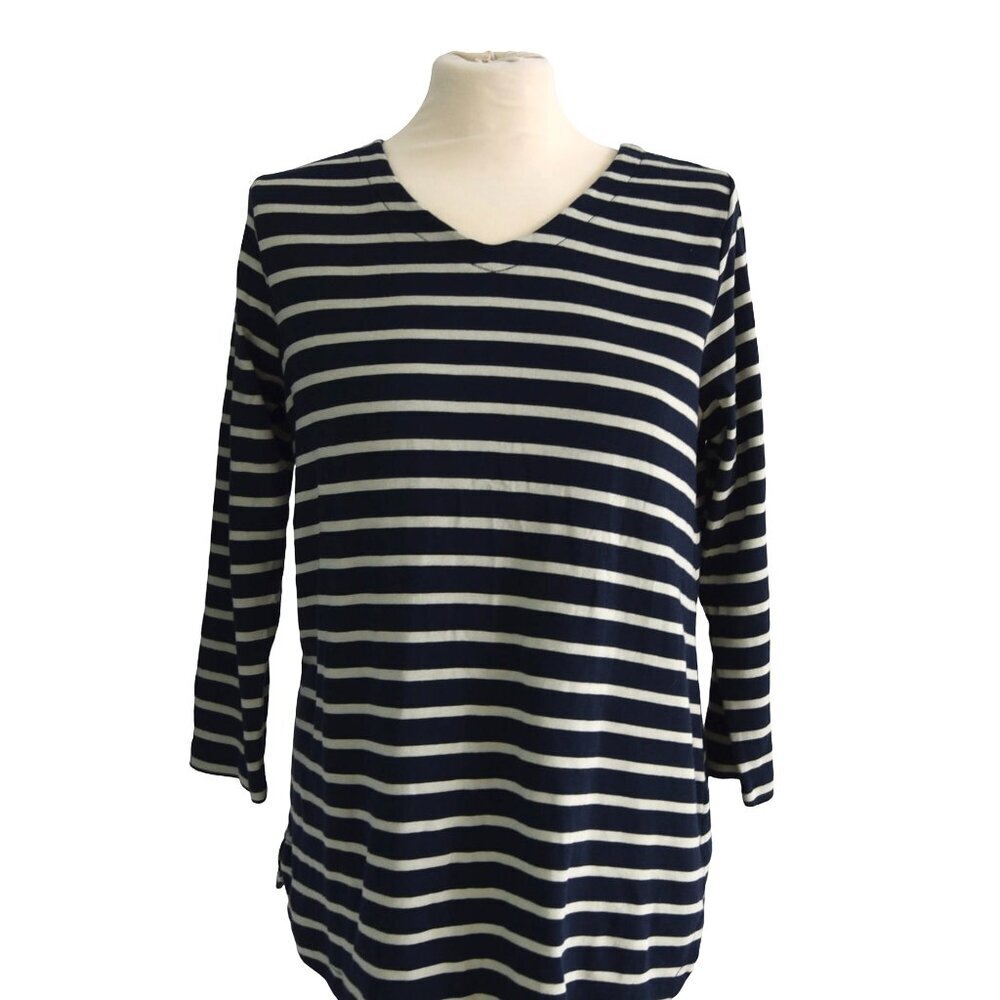 J Jill Striped 100% Pima Cotton Top M Navy & Sage 3/4 Sleeve Minimalist